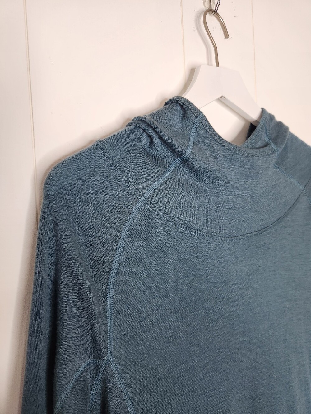 Woolly Stone Blue Pro-Knit Wool Pullover Hoodie Long Sleeve Top Size Medium - Picture 3 of 6
